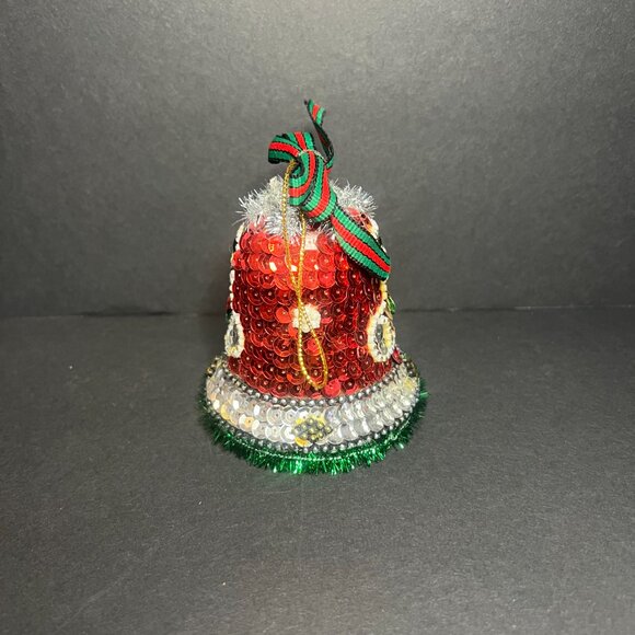 Vintage Red Green Silver Sparkly Sequin Stocking Bell Christmas Tree Ornament 4" - Picture 4 of 6